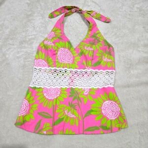 VTG Lilly Pulizter Chantel Halter Top Palm Beach Hibiscus Pink Women’s Small